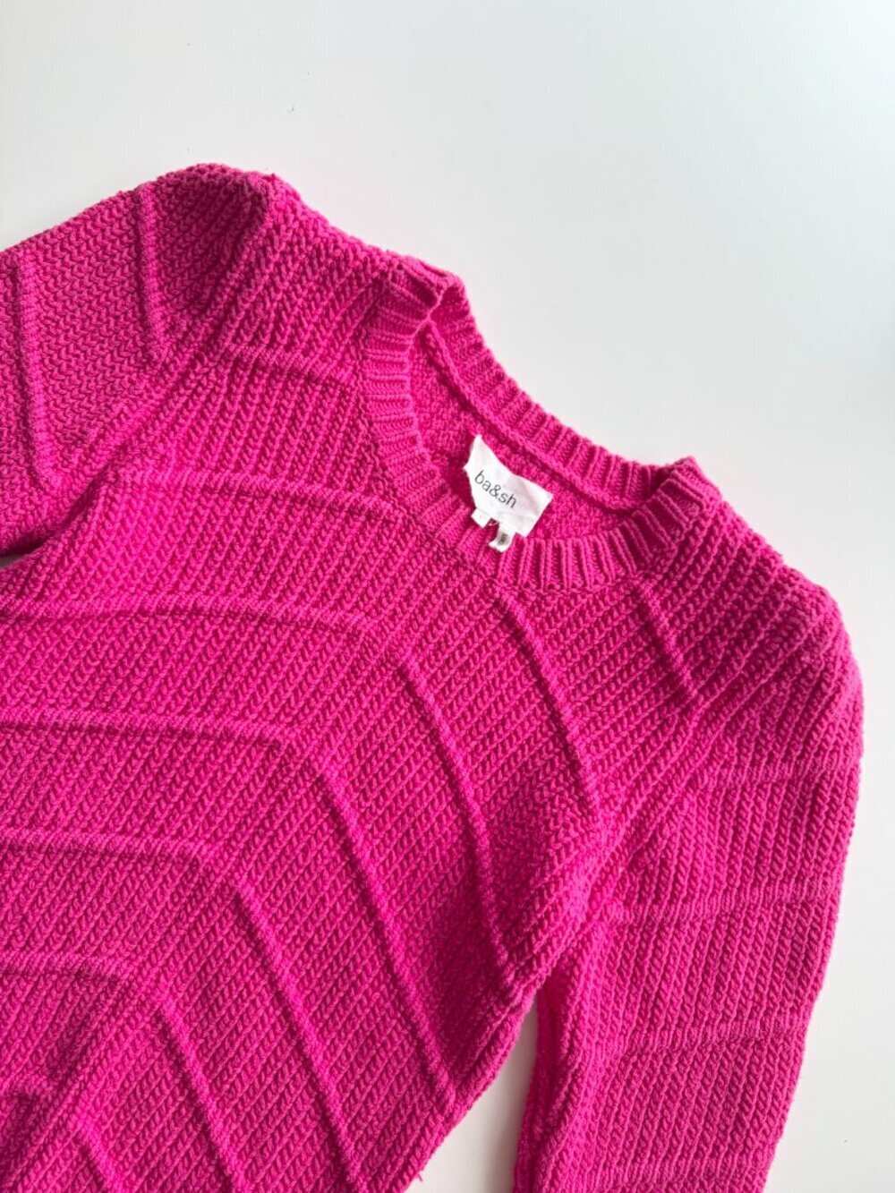 BA&SH Dabney Fuchsia Pink Cotton Knit Ribbed Puff Sleeve Sweater, Size L - Picture 5 of 16